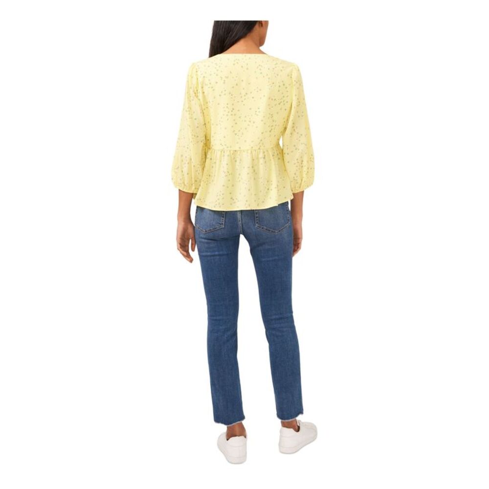 RILEY&RAE Womens Yellow Ruffled Bow Detail Floral 3/4 Sleeve V Neck Top M - Picture 2 of 5